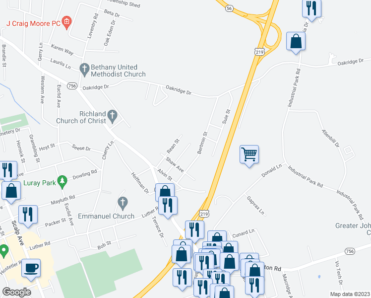 map of restaurants, bars, coffee shops, grocery stores, and more near 216 Hastings Street in Johnstown