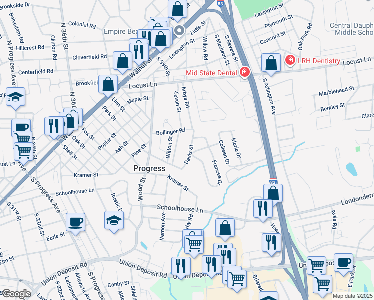 map of restaurants, bars, coffee shops, grocery stores, and more near 410 Davis Street in Harrisburg