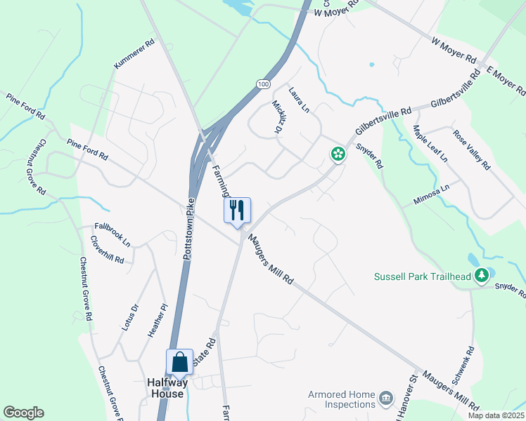 map of restaurants, bars, coffee shops, grocery stores, and more near 1583 Gilbertsville Road in Pottstown