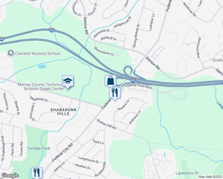 map of restaurants, bars, coffee shops, grocery stores, and more near Federal City Road in Pennington