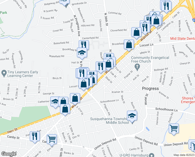 map of restaurants, bars, coffee shops, grocery stores, and more near 3430 1/2 Walnut Street in Harrisburg