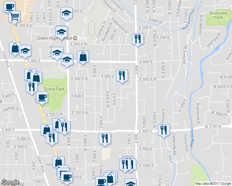 map of restaurants, bars, coffee shops, grocery stores, and more near 567 South 670 East in Orem