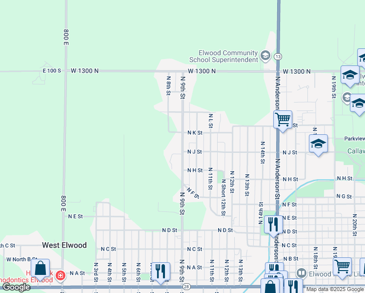 map of restaurants, bars, coffee shops, grocery stores, and more near 1007 North 9th Street in Elwood