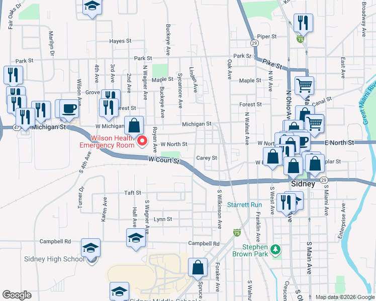 map of restaurants, bars, coffee shops, grocery stores, and more near 113 North Highland Avenue in Sidney
