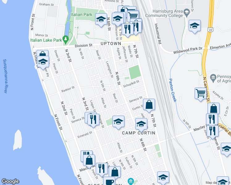 map of restaurants, bars, coffee shops, grocery stores, and more near 2461 Reel Street in Harrisburg