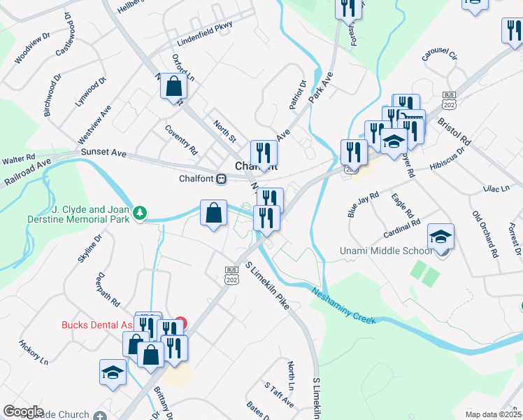 map of restaurants, bars, coffee shops, grocery stores, and more near 28 North Main Street in Chalfont