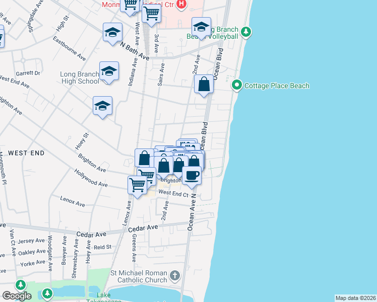 map of restaurants, bars, coffee shops, grocery stores, and more near 58 Passey Gardens in Long Branch