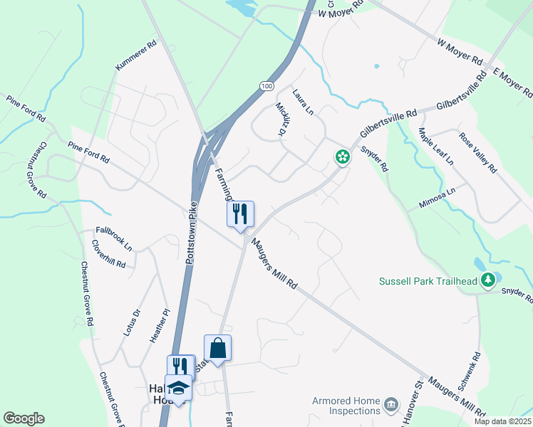map of restaurants, bars, coffee shops, grocery stores, and more near 1583 Gilbertsville Road in Pottstown