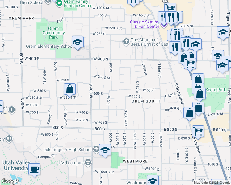 map of restaurants, bars, coffee shops, grocery stores, and more near 267 West 540 South Street in Orem