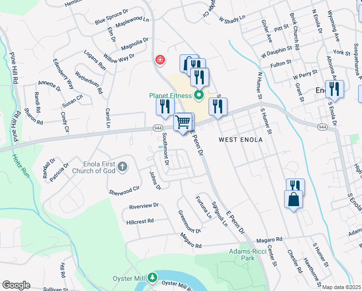 map of restaurants, bars, coffee shops, grocery stores, and more near 157 Tory Circle in Enola