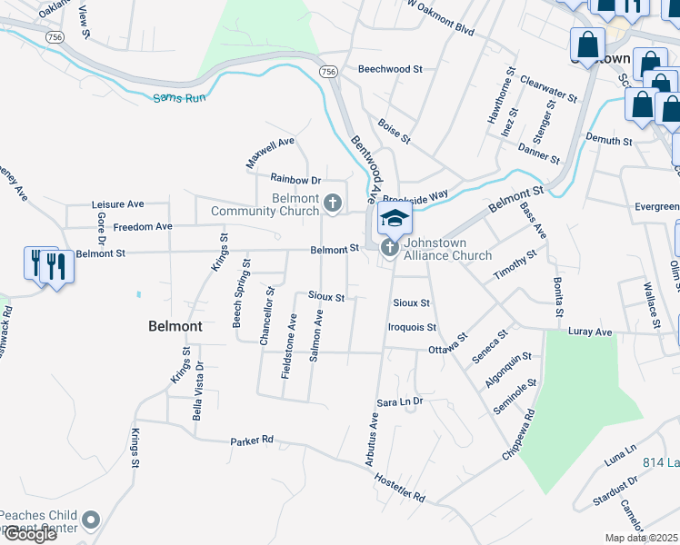 map of restaurants, bars, coffee shops, grocery stores, and more near Salmon Avenue in Johnstown