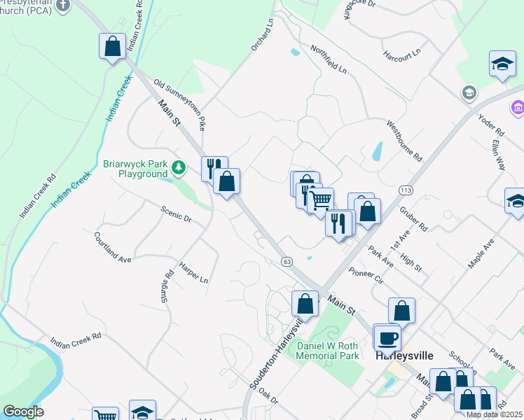 map of restaurants, bars, coffee shops, grocery stores, and more near 665 Main Street in Harleysville