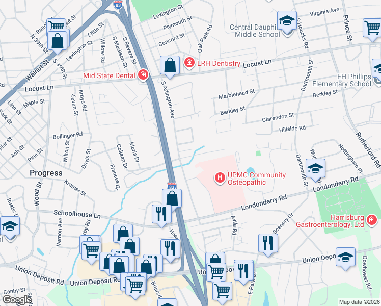 map of restaurants, bars, coffee shops, grocery stores, and more near 4218 Ridge Drive in Harrisburg