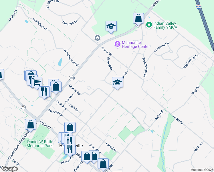 map of restaurants, bars, coffee shops, grocery stores, and more near 154 Caln Circle in Harleysville