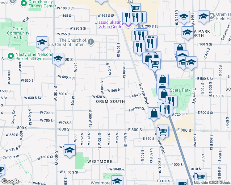 map of restaurants, bars, coffee shops, grocery stores, and more near 53 West 560 South in Orem