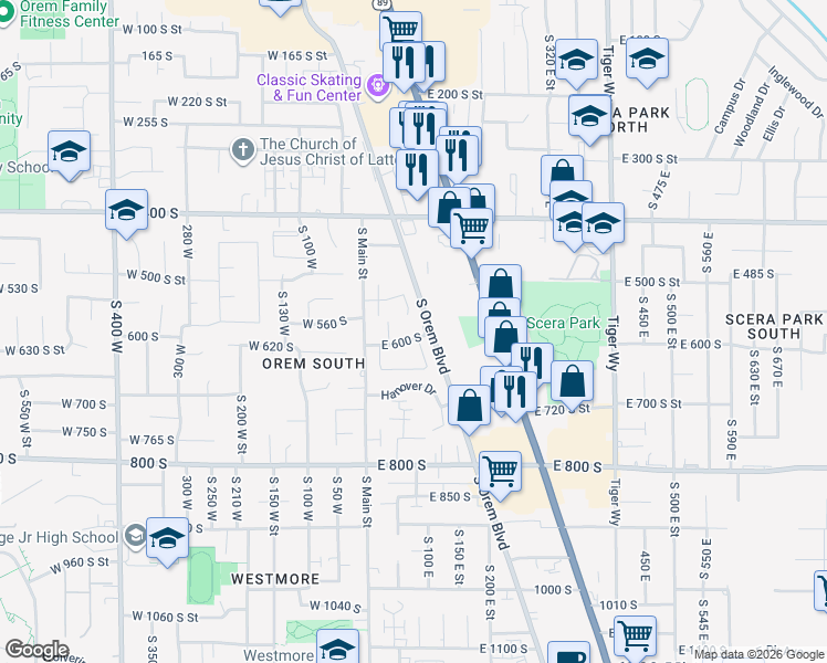 map of restaurants, bars, coffee shops, grocery stores, and more near 557 South 70 East Street in Orem