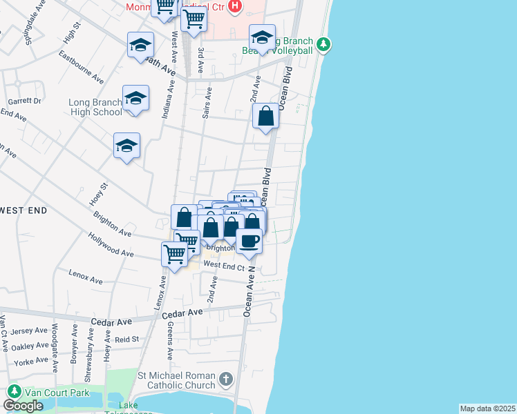 map of restaurants, bars, coffee shops, grocery stores, and more near 49 Passey Gardens in Long Branch
