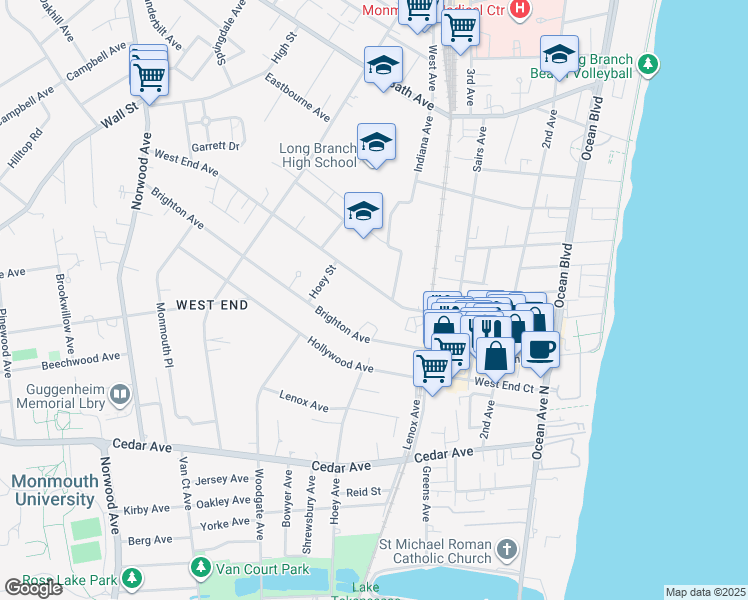 map of restaurants, bars, coffee shops, grocery stores, and more near 231 West End Avenue in Long Branch