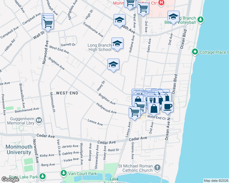 map of restaurants, bars, coffee shops, grocery stores, and more near 231 West End Avenue in Long Branch