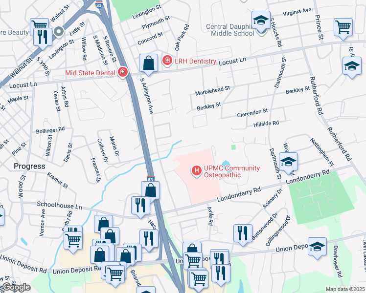 map of restaurants, bars, coffee shops, grocery stores, and more near 4214 Ridge Drive in Harrisburg