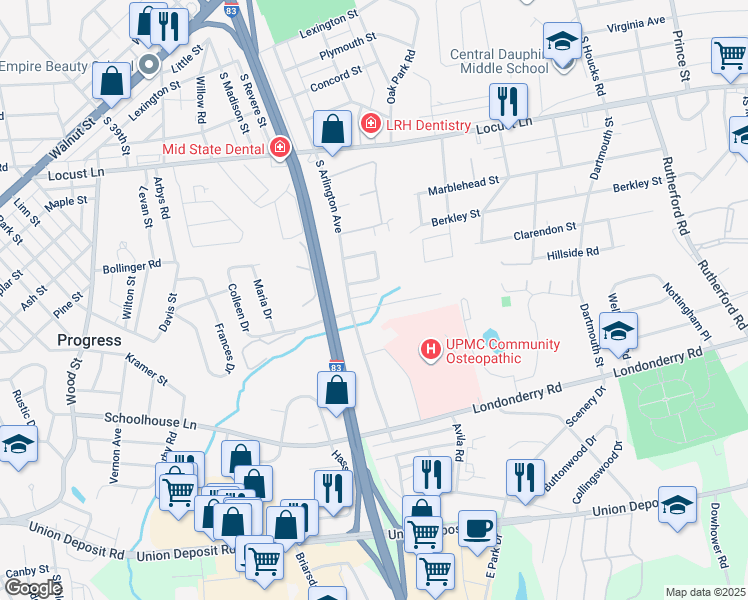 map of restaurants, bars, coffee shops, grocery stores, and more near 4208 Sussex Drive in Harrisburg