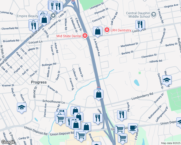 map of restaurants, bars, coffee shops, grocery stores, and more near 640 Santanna Drive in Harrisburg