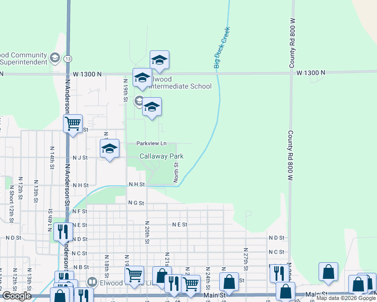 map of restaurants, bars, coffee shops, grocery stores, and more near 2304 Parkview Lane in Elwood