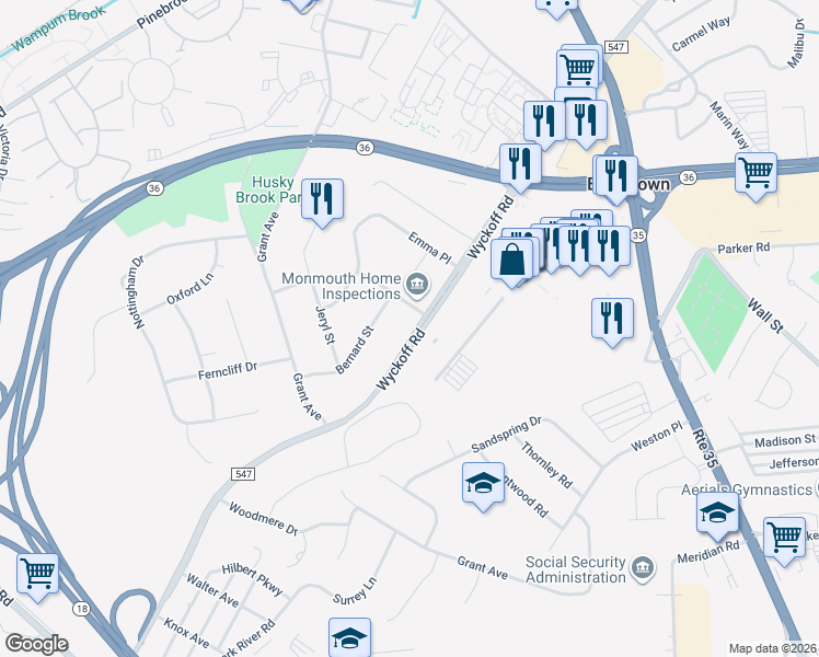 map of restaurants, bars, coffee shops, grocery stores, and more near 221 Wyckoff Road in Eatontown