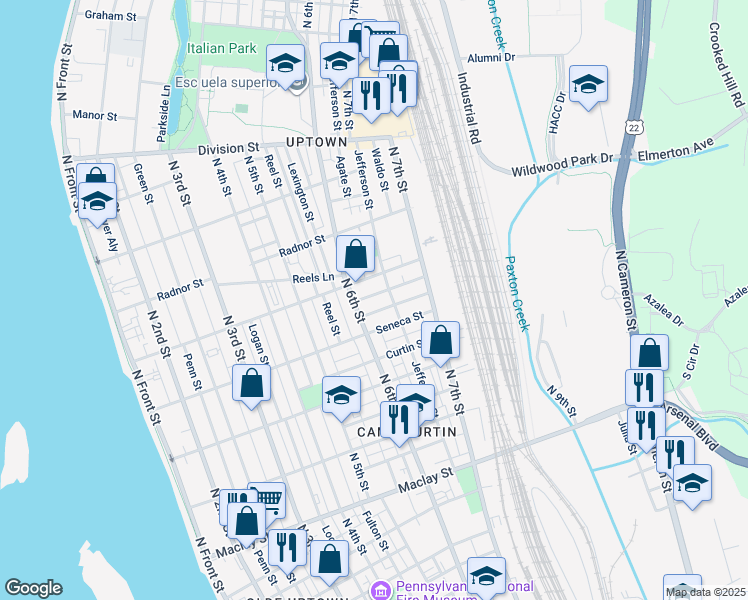 map of restaurants, bars, coffee shops, grocery stores, and more near 619 Oxford Street in Harrisburg