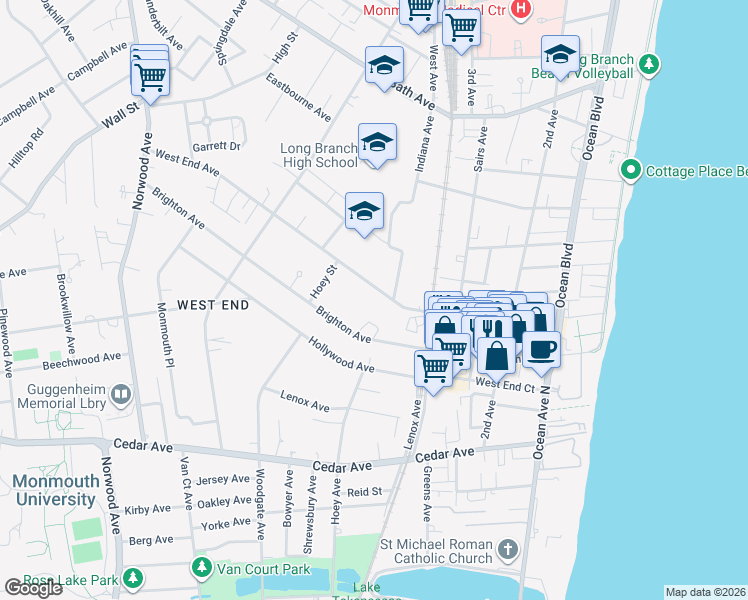 map of restaurants, bars, coffee shops, grocery stores, and more near 231 West End Avenue in Long Branch