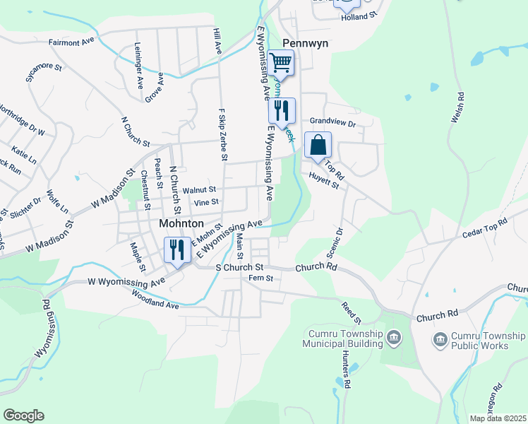 map of restaurants, bars, coffee shops, grocery stores, and more near 157 East Wyomissing Avenue in Mohnton