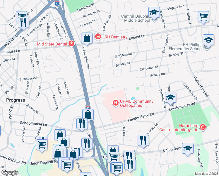 map of restaurants, bars, coffee shops, grocery stores, and more near 4214 Ridge Drive in Harrisburg