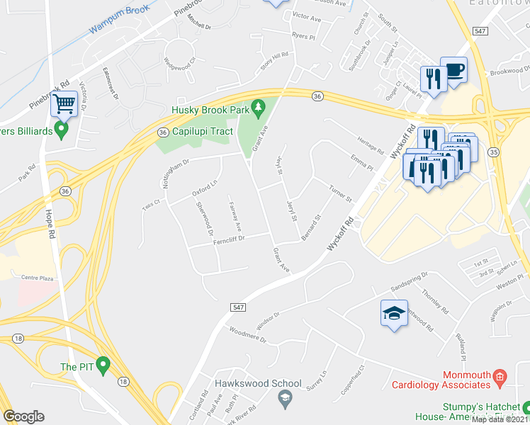 map of restaurants, bars, coffee shops, grocery stores, and more near 246 Grant Avenue in Eatontown