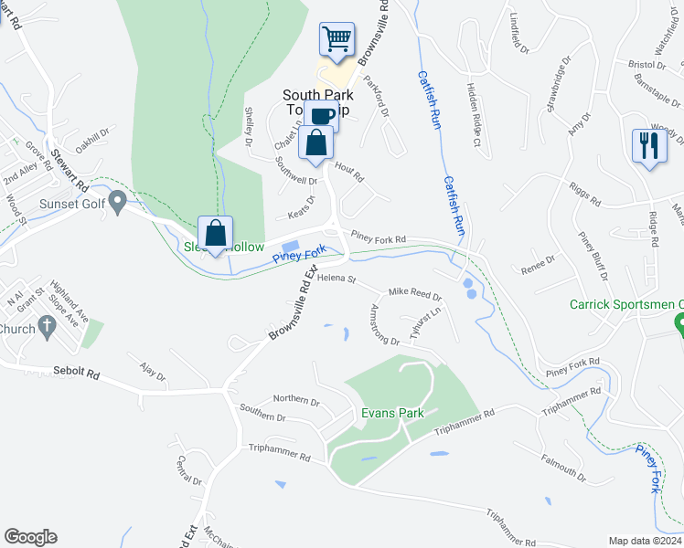 map of restaurants, bars, coffee shops, grocery stores, and more near 2280 Helena Street in South Park Township