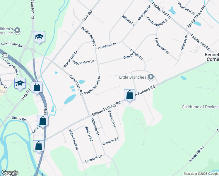 map of restaurants, bars, coffee shops, grocery stores, and more near 62 Southwoods Lane in Doylestown