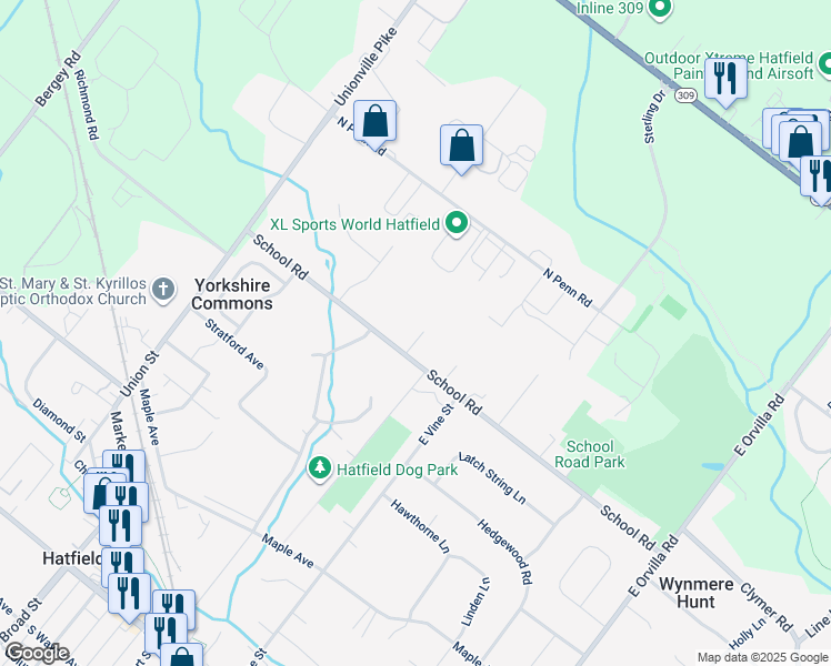 map of restaurants, bars, coffee shops, grocery stores, and more near 2033 School Road in Hatfield