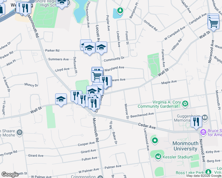 map of restaurants, bars, coffee shops, grocery stores, and more near 14 Delaware Avenue in West Long Branch