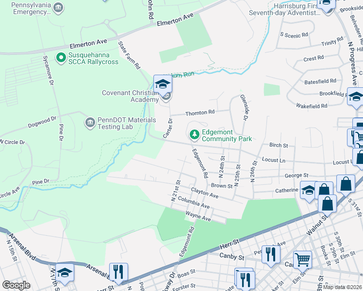 map of restaurants, bars, coffee shops, grocery stores, and more near 2016 Locust Lane in Harrisburg