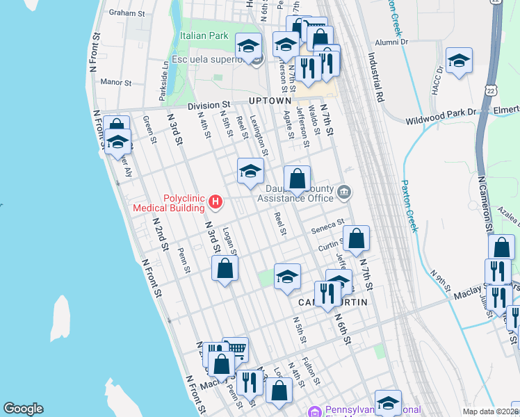 map of restaurants, bars, coffee shops, grocery stores, and more near 2515 North 5th Street in Harrisburg
