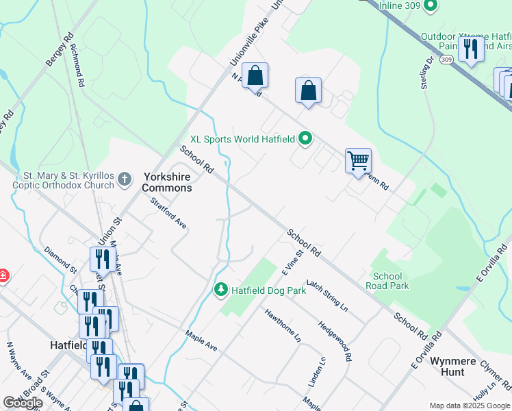 map of restaurants, bars, coffee shops, grocery stores, and more near 2033 School Road in Hatfield