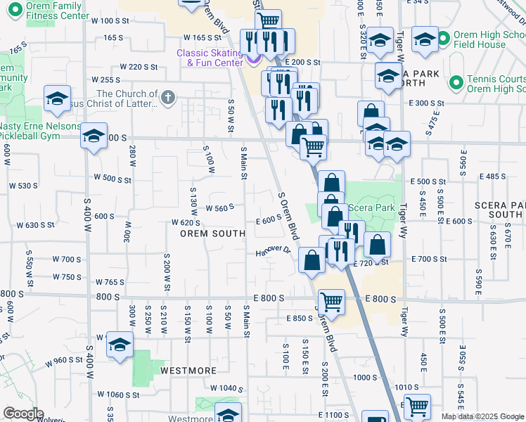 map of restaurants, bars, coffee shops, grocery stores, and more near 545 South 20 East Street in Orem