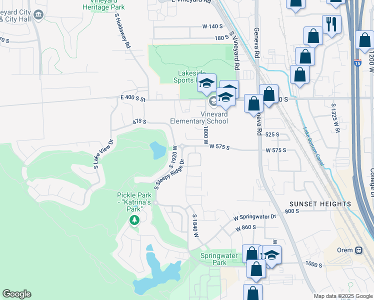 map of restaurants, bars, coffee shops, grocery stores, and more near 1835 525 South in Orem