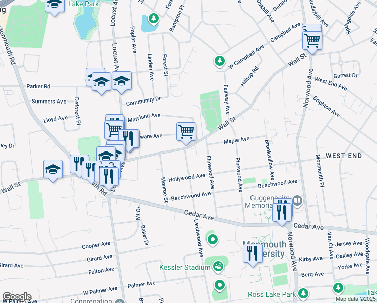 map of restaurants, bars, coffee shops, grocery stores, and more near 135 Wall Street in West Long Branch