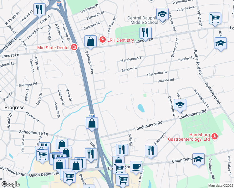 map of restaurants, bars, coffee shops, grocery stores, and more near 4214 Ridge Drive in Harrisburg