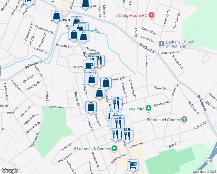 map of restaurants, bars, coffee shops, grocery stores, and more near 903 Old Scalp Avenue in Johnstown