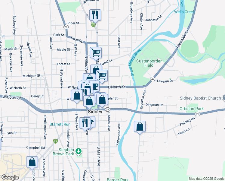 map of restaurants, bars, coffee shops, grocery stores, and more near 300-456 E North St in Sidney