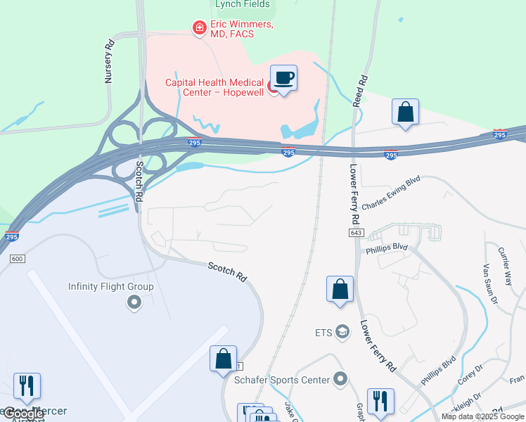 map of restaurants, bars, coffee shops, grocery stores, and more near 370 Scotch Road in Trenton