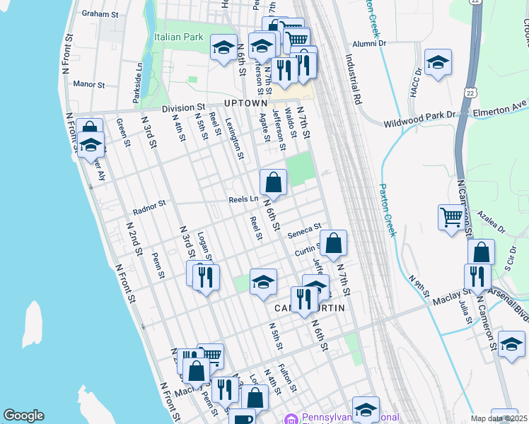 map of restaurants, bars, coffee shops, grocery stores, and more near 2464 North 6th Street in Harrisburg
