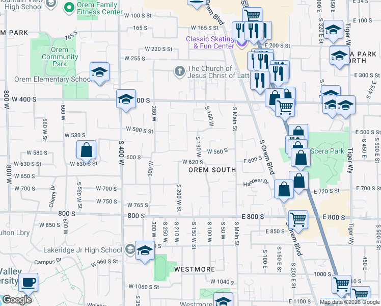map of restaurants, bars, coffee shops, grocery stores, and more near 546 South 130 West in Orem