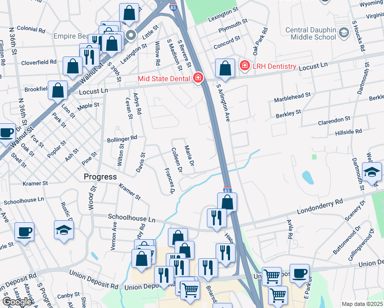 map of restaurants, bars, coffee shops, grocery stores, and more near 651 Maria Drive in Harrisburg